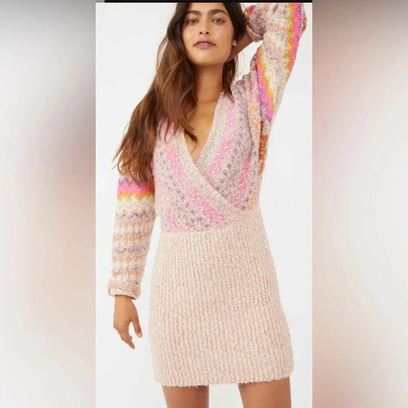 Free People Forever Fair Isle Sweater Dress in Strawberry Combo Size Medium - Picture 7 of 16